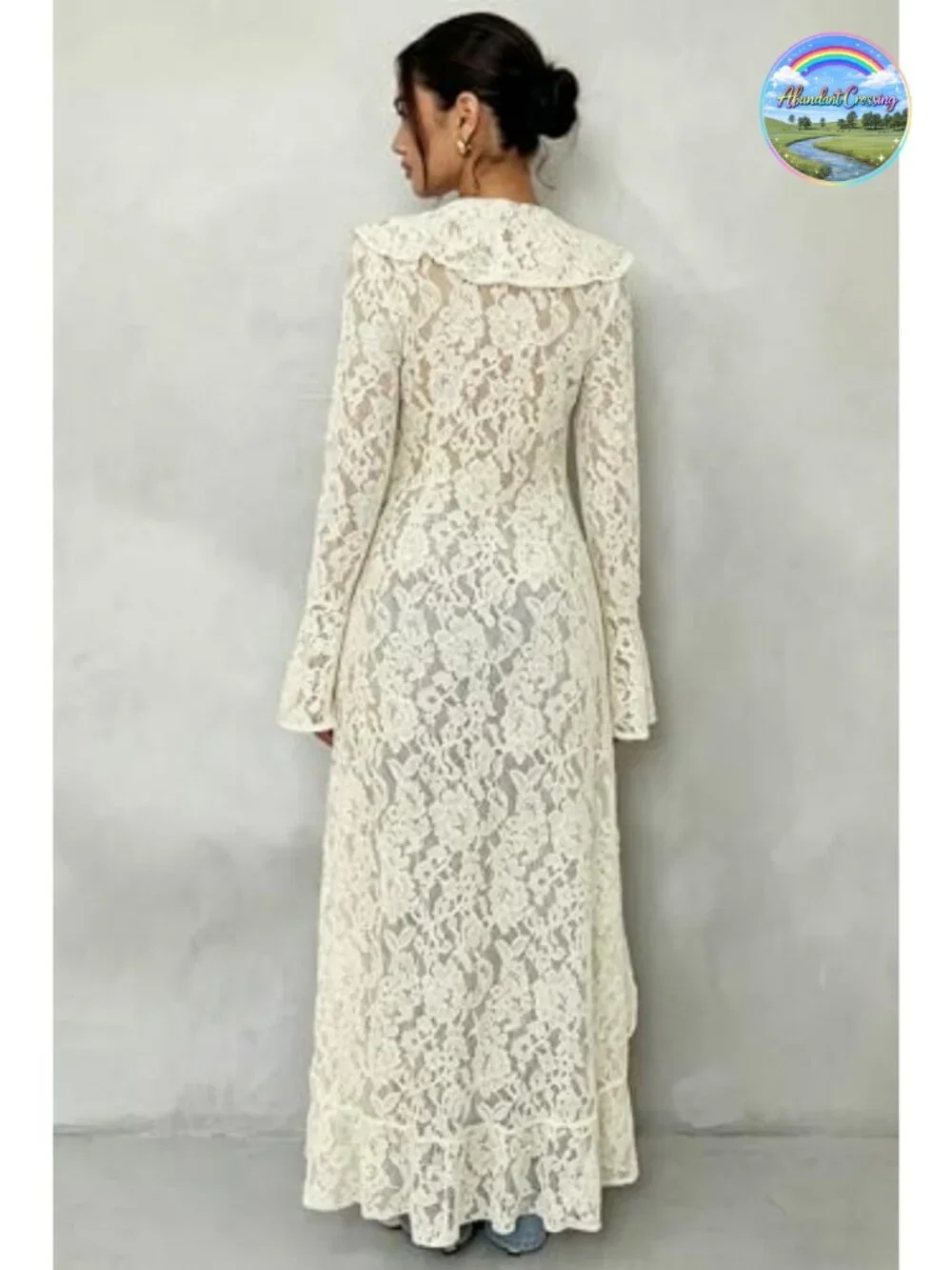 Lace Maxi Cardigan Open Front Tie Bell Sleeve Ruffled Duster Cover Up